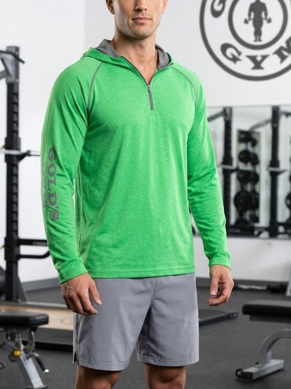 Gold's Gym Men's Green Lightweight Half-Zip Hooded Pullover